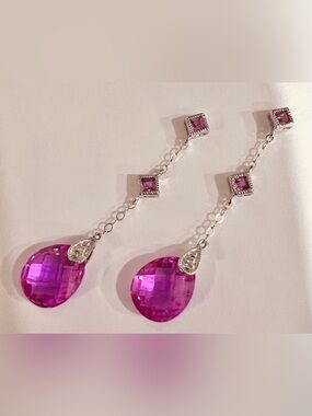 💖Stunning Pink Sapphire Teardrop Dangle Drop Earrings White Gold Cushion Cut